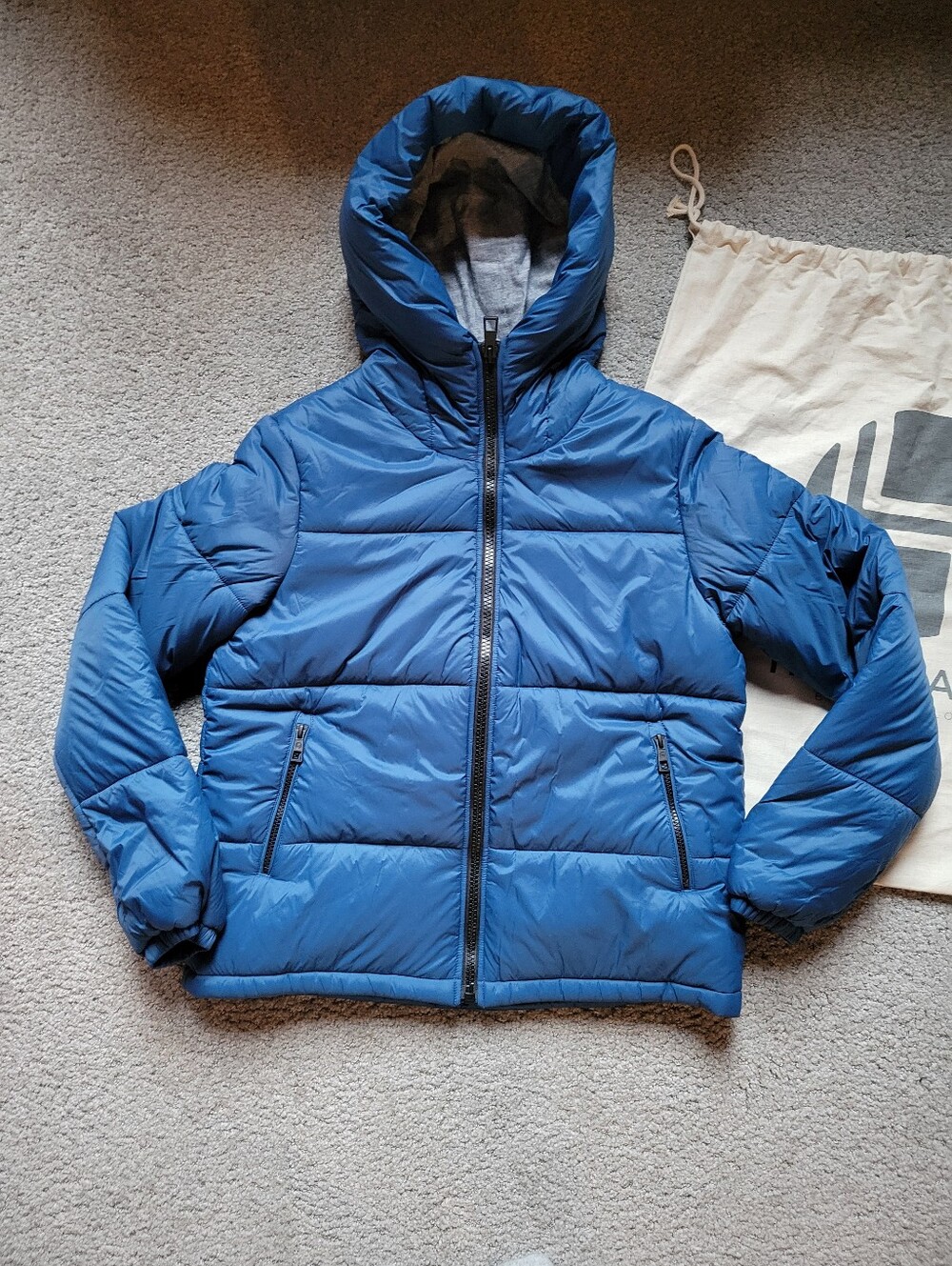 HoodLamb High Collar Puffer Jacket Navy Medium Hemp Recycled NWT